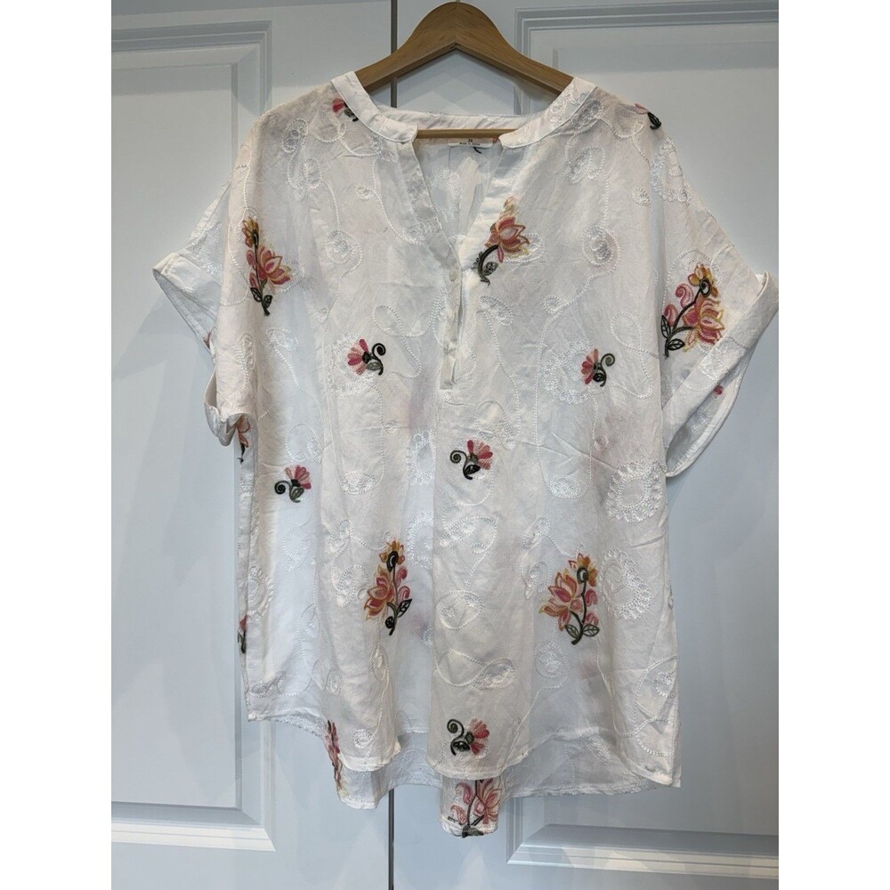 Anthropologie Kindred Women's 3X White Floral Embroidered Short Sleeve Blouse